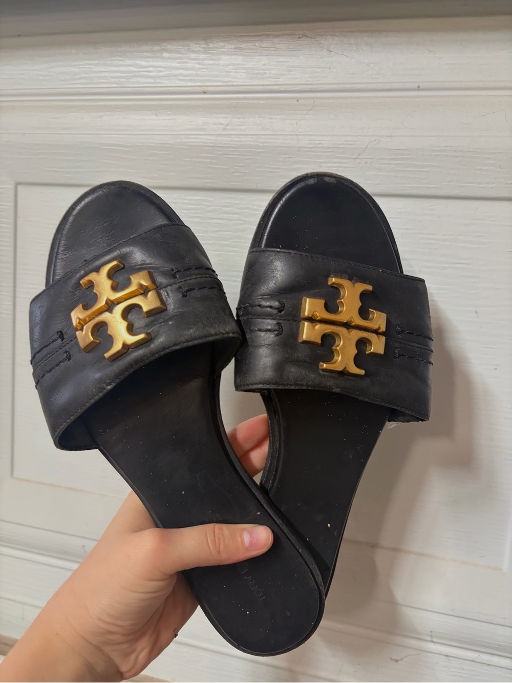 Tory Burch Black Leather Slide Sandals with Gold Double-T Logo